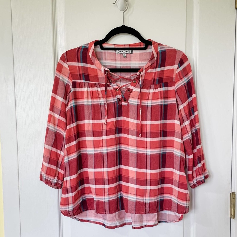 Crave Famous Plaid Lace-up 3/4 sleeve top Size S
